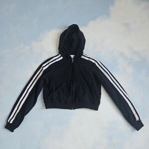 Black & White Women's Hooded Jacket White Stripe Black Cropped Hoodie Zip Up